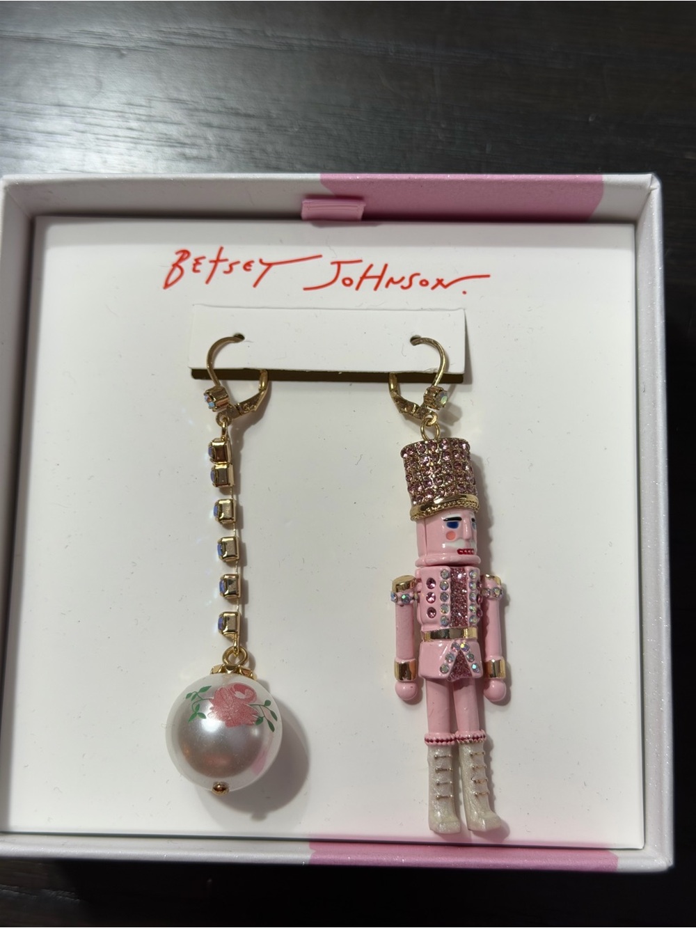 Betsey Johnson Pink Nutcracker and Pearl Drop Earrings